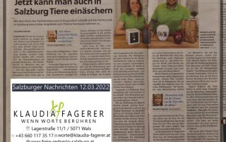 Freie Rednerin Salzburg Klaudia Fagerer Bericht Salzburger Nachrichten 12.03.2022 Tiertrauer